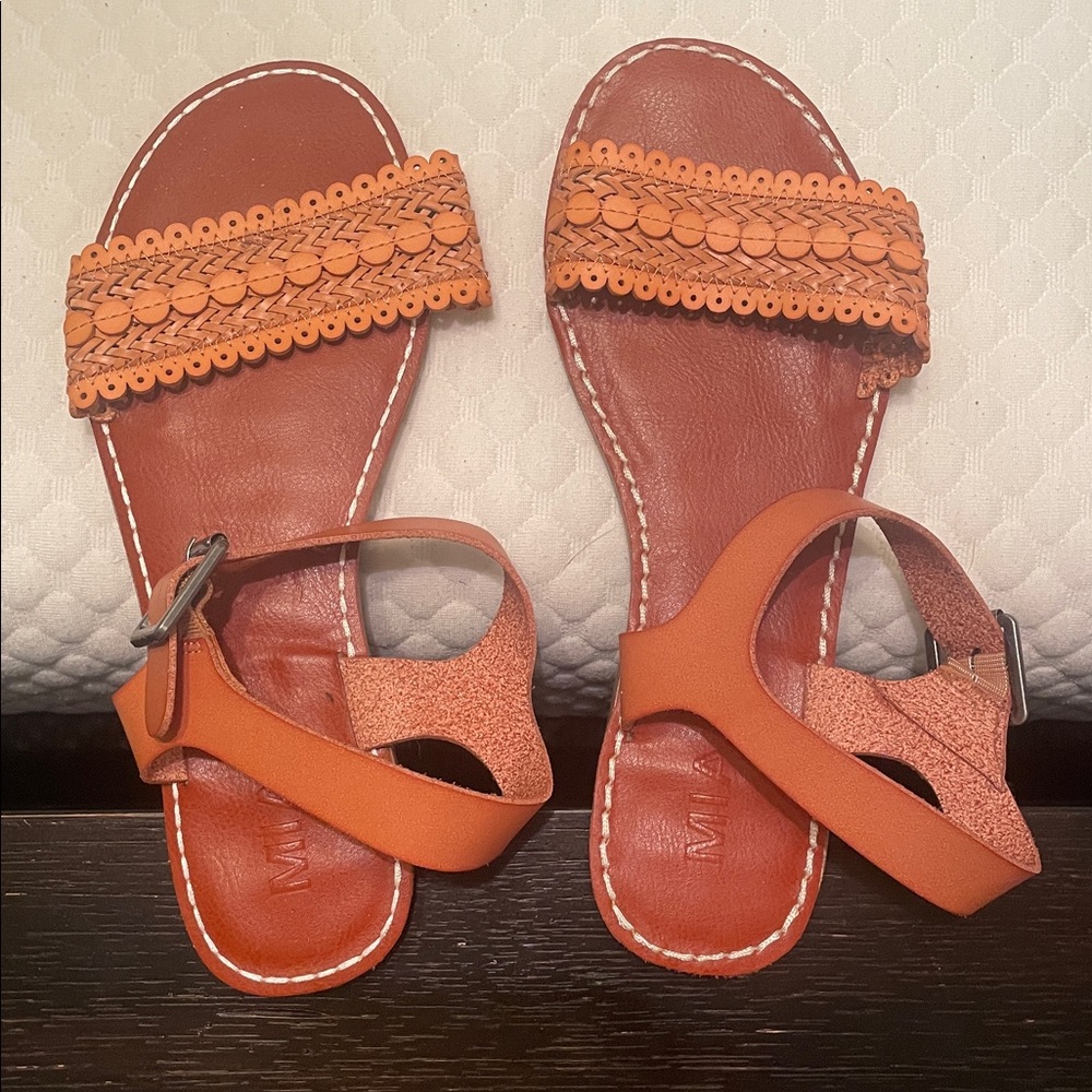 Orange Faux Leather Sandals with Braided Strap